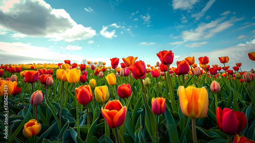 A vibrant field of tulips stretching to the horizon