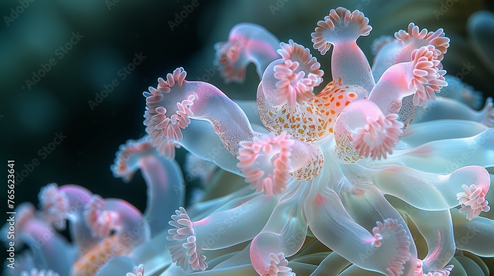 A pink and white flower, close-up, with many bubbles in its center A pink and white flower, close-up, with many bubbles in its center