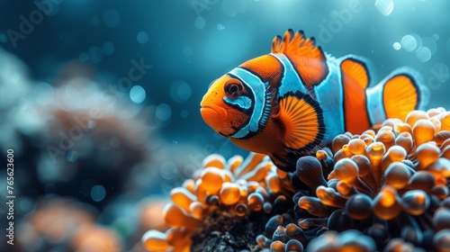  An orange and blue clownfish rests atop an orange-white sea anemone amidst coral