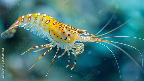  A detailed photo of a yellow-black shrimp on water  with water bubbles in the background
