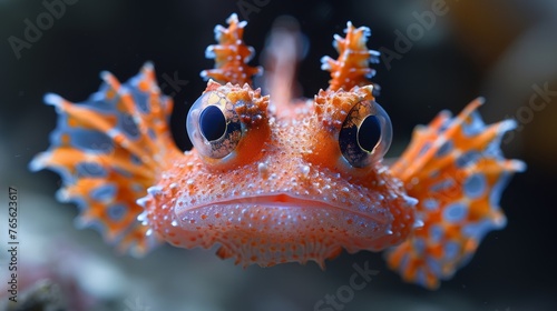  Fish face with water droplets on its body and coral in the background - close-up