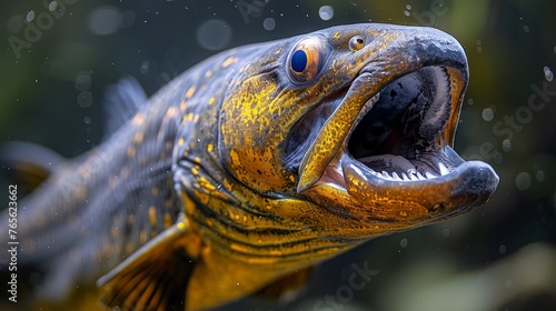  A close-up of a fish with its mouth slightly open and its mouth wide open
