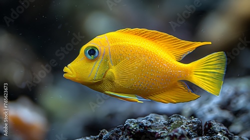  A yellow fish on a rock in an aquarium, surrounded by rocks and water © Jevjenijs