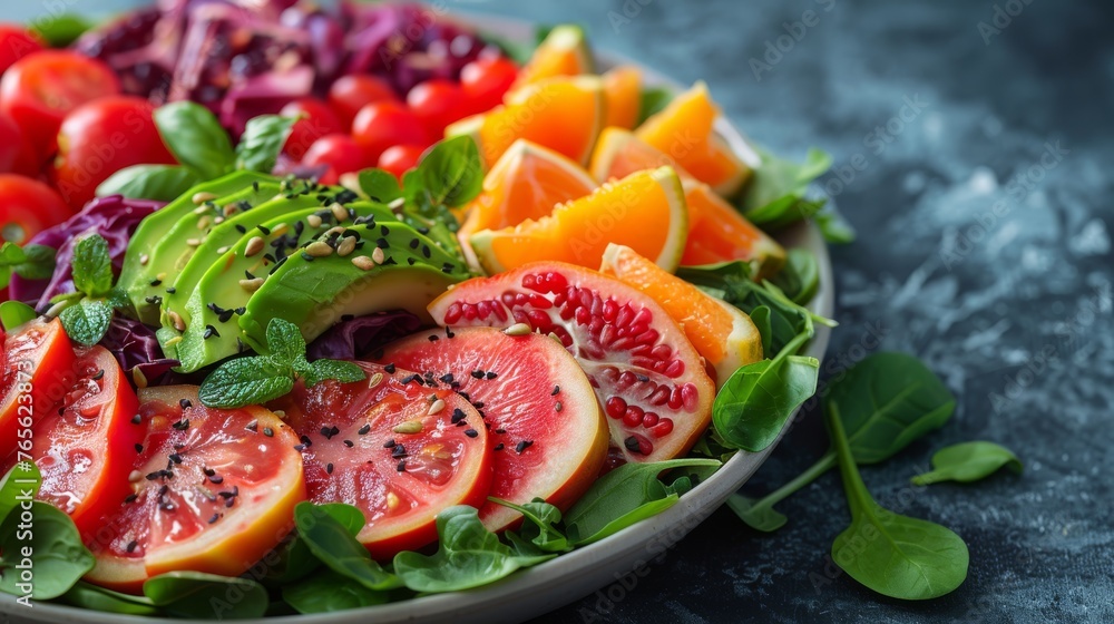 A macro of a dish featuring oranges, tomatoes, lettuce, along with various veggies A macro of a dish featuring oranges, tomatoes, lettuce, along with various veggies