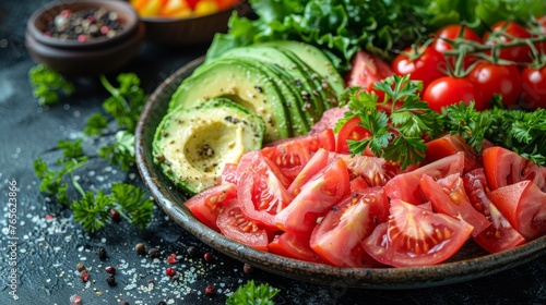 A platter featuring sliced tomatoes, avocado, and parsley arranged on a table