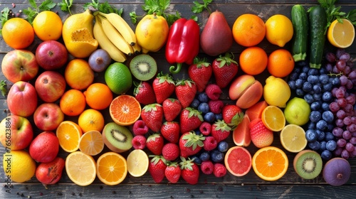  Fruits and veggies arranged on wood  featuring oranges  kiwis  strawberries  lemons  and grapes