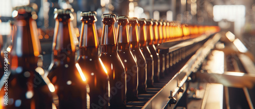 Row of amber beer bottles on a production line, glowing in warmth.