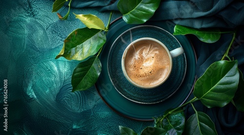  A blue saucer holds a cup of coffee, resting atop a leaf-covered green table