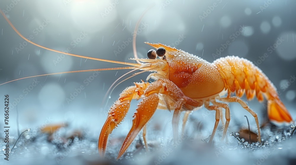 A macro shot of a shrimp swimming in water, with droplets of water on its legs and head A macro shot of a shrimp swimming in water, with droplets of water on its legs and head