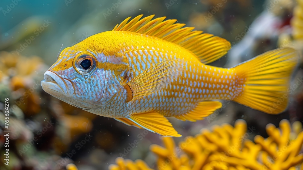 A yellow fish, in sharp focus, rests on a coral amidst other vibrant corals A yellow fish, in sharp focus, rests on a coral amidst other vibrant corals