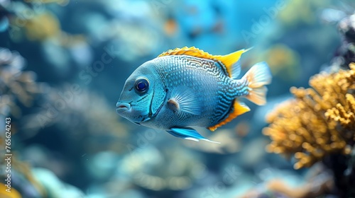  A picture shows a close-up of a blue fish surrounded by corals in the background, while water is visible in the foreground