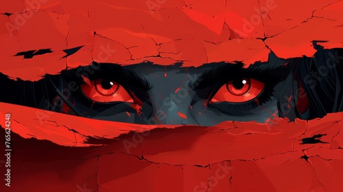  A person's face peeks out from a cracked red-painted wall in a close-up image