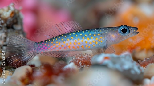 A zoomed-in photo of a vividly colored fish swimming near a coral reef with surrounding oceanic elements