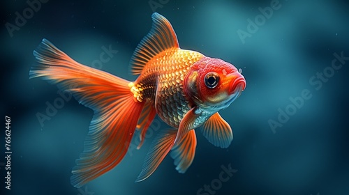  A goldfish swimming in an aquarium, with dark blue water and a blue sky background