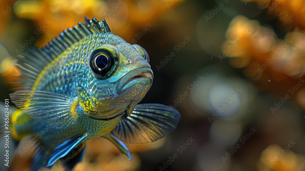  A photo of a blue and yellow fish with a black and yellow stripe on its back end