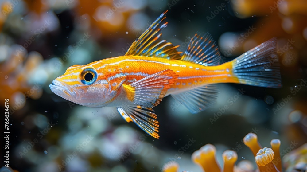 An image featuring an orange-blue fish in an aquarium with coral reefs as background An image featuring an orange-blue fish in an aquarium with coral reefs as background