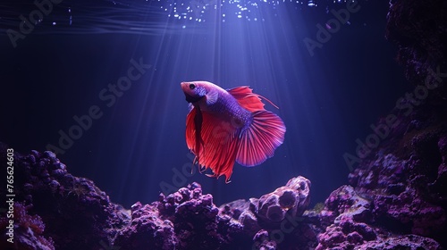  A red and blue fish swims in a dark blue aquarium with rocks and algae on the bottom