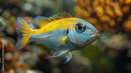  a vibrant blue and yellow fish swimming in a transparent fish tank surrounded by schools of other colorful fish