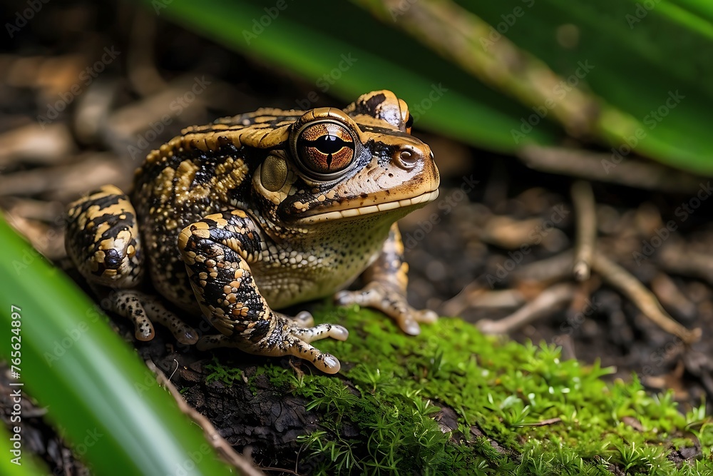 Obraz premium Captivating toad on mossy forest floor with striking eyes. Generative AI