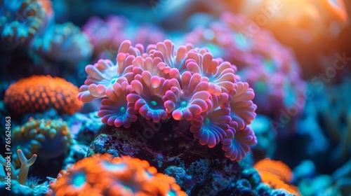  A macro shot of colorful corals and anemones on a bustling reef beneath waves © Jevjenijs