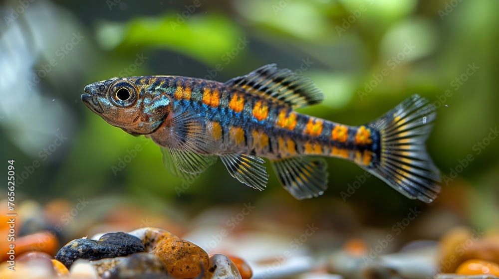 A detailed image of a fish in an aquarium surrounded by rocks, vegetation, and water A detailed image of a fish in an aquarium surrounded by rocks, vegetation, and water