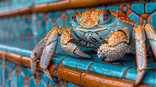  A detailed image of a crab, captured closely, resting against a wall adorned with blue and orange tiles, featuring orange and white polka dots