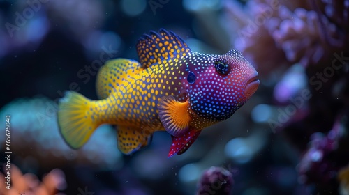   a fish resting on coral in an aquarium, surrounded by various corals and a lush background © Jevjenijs