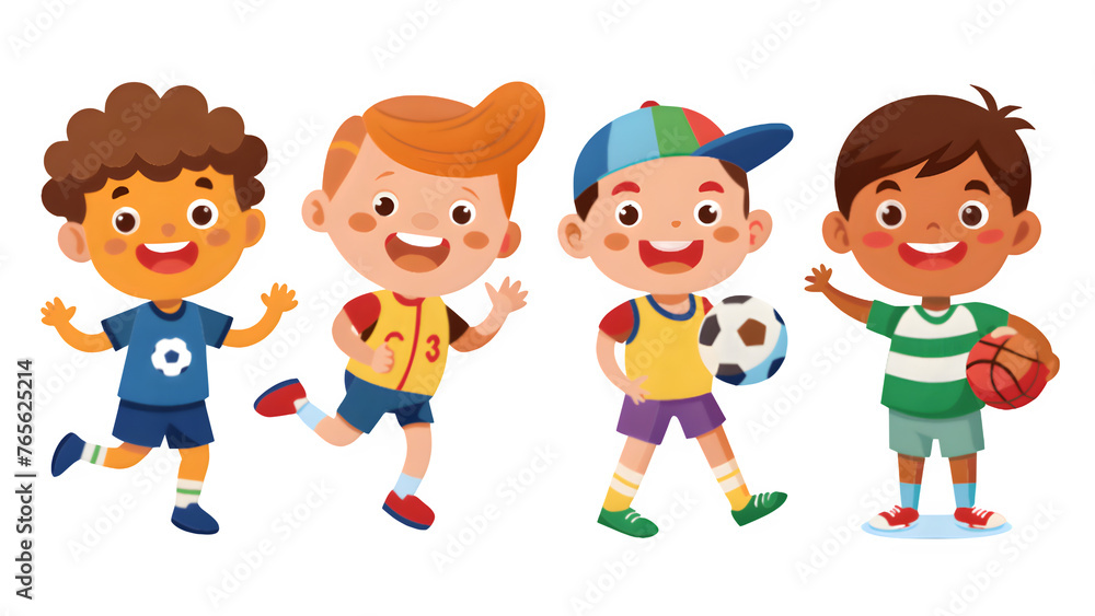 Set of 4 kids Cartoon illustration having fun playing soccer and football with a ball, isolated, transparent background Set of 4 kids Cartoon illustration having fun playing soccer and football with a ball, isolated, transparent background