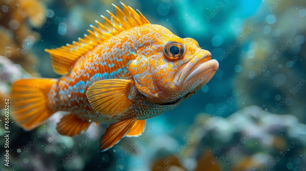  A yellow fish with blue and white stripes, captured in close-up, surrounded by vibrant coral