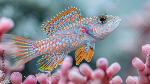  A detailed portrait of a vibrant fish surrounded by colorful corals and an out-of-focus blue horizon