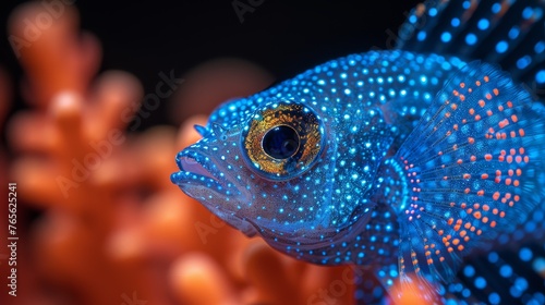  Close-up blue fish in black background, adorned with orange and blue dots