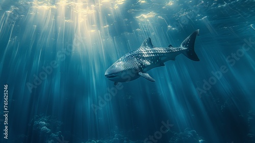  Whale swimming in bright sunlight on ocean surface, head above water