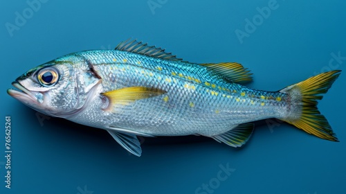  A close-up photo of a blue fish with yellow spots on its body and a yellow spotted head, with a black body © Jevjenijs