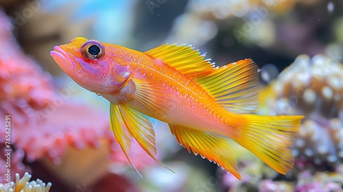  A yellow-red fish, closely framed, with coral backdrop