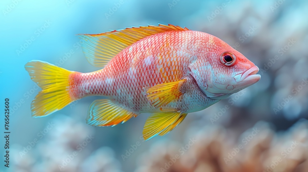 A close-up image of a fish in an aquarium surrounded by vibrant coral and a blue sky as the backdrop A close-up image of a fish in an aquarium surrounded by vibrant coral and a blue sky as the backdrop