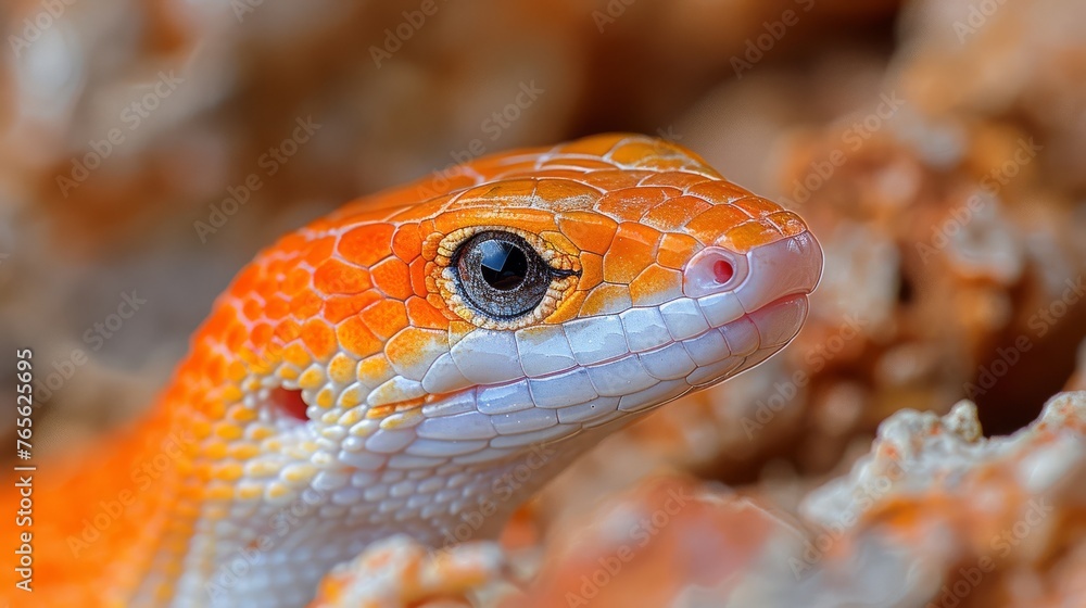 Close-up of an orange, white, and black/white snake's head with a stripe on its face Close-up of an orange, white, and black/white snake's head with a stripe on its face