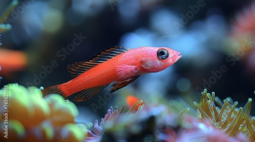  A close-up photograph of a fish swimming amidst coral reefs and clear blue water in a well-lit aquarium