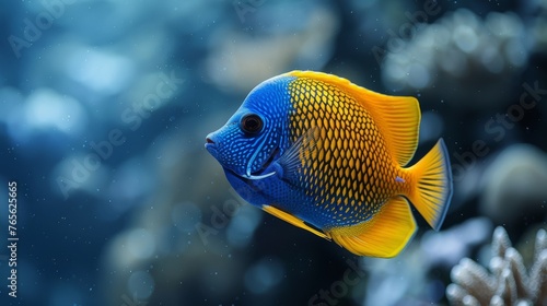  A close-up photo of a blue and yellow fish amidst corals and water © Jevjenijs