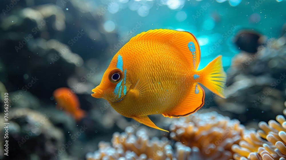 Close-up of a fish swimming amidst coral reefs in an aquarium, surrounded by colorful fish and vibrant underwater flora Close-up of a fish swimming amidst coral reefs in an aquarium, surrounded by colorful fish and vibrant underwater flora