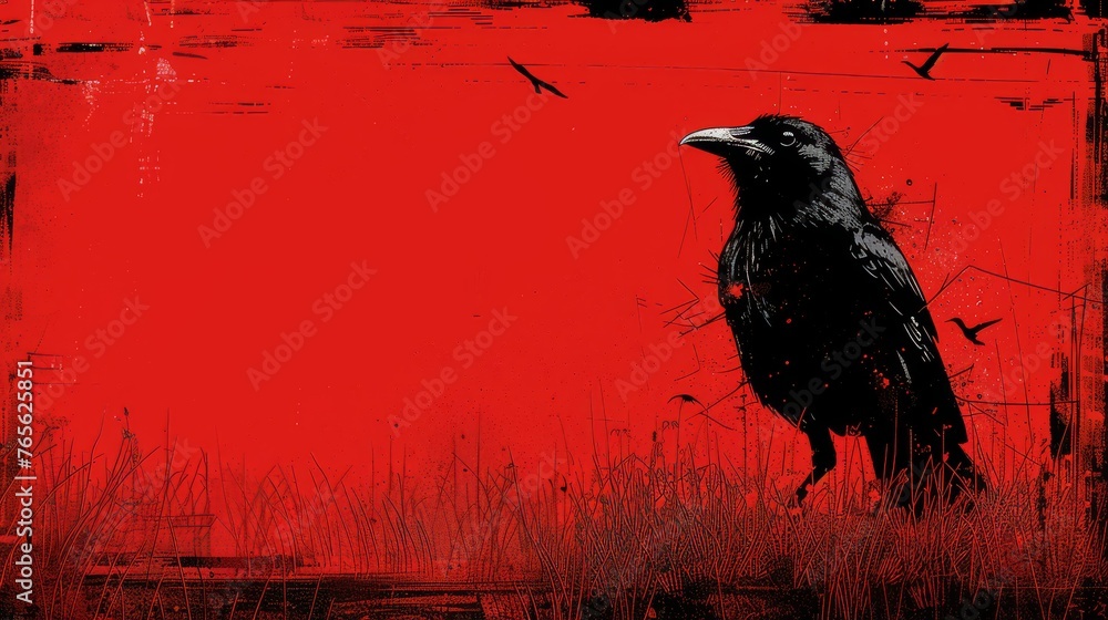 Fototapeta premium A black bird atop a grassy field, beneath a red sky, amidst flying birds