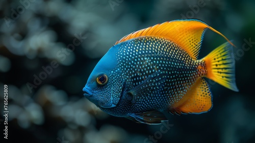  a blue and yellow fish on a black background with sharp trees in the background