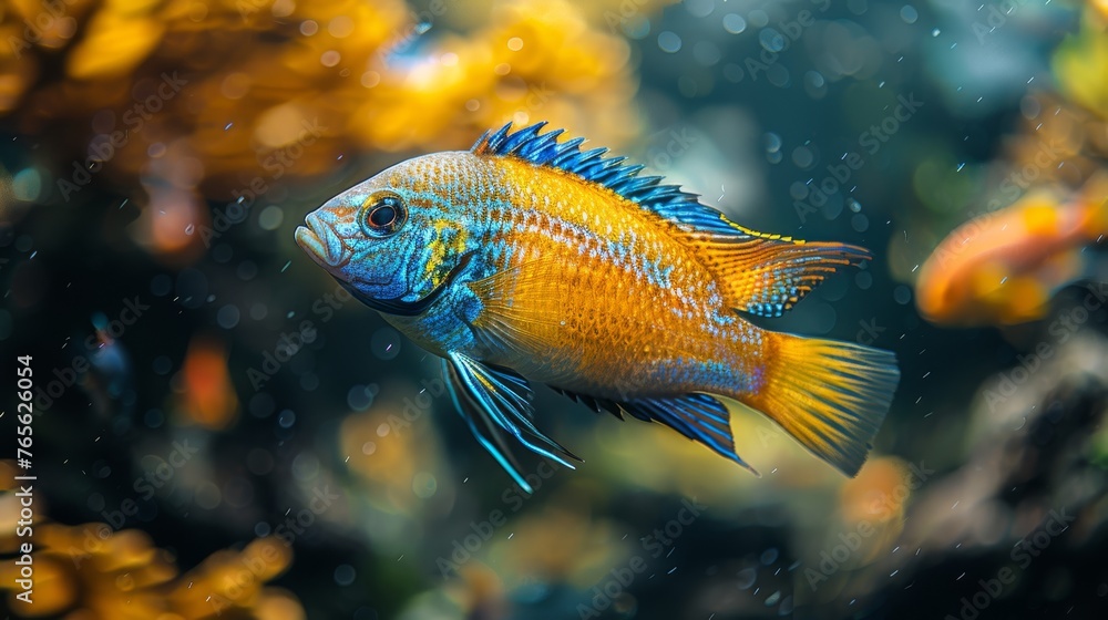 A close-up photo of a blue and yellow fish in an aquarium with yellow and green algae as background A close-up photo of a blue and yellow fish in an aquarium with yellow and green algae as background