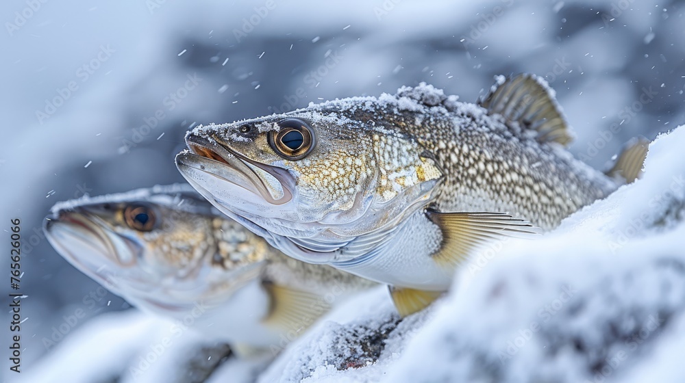Two fish swim near each other on a snow-covered branch by the water's edge Two fish swim near each other on a snow-covered branch by the water's edge