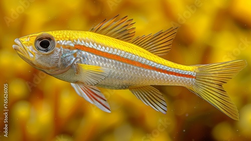  A close-up photo of a fish in water, surrounded by yellow flowers in the background