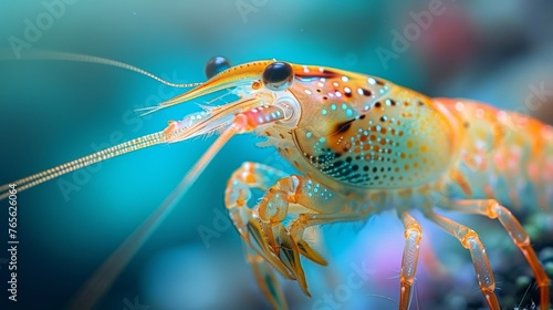  A yellow and black shrimp in focus against a blue and green backdrop with a blurred background