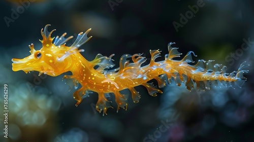  A seahorse in focus, surrounded by clear water bubbles against a dark backdrop