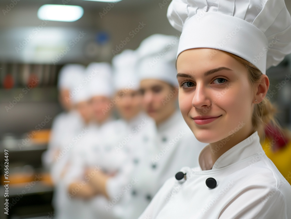 Young woman chef with welcoming smile in a professional kitchen Young woman chef with welcoming smile in a professional kitchen