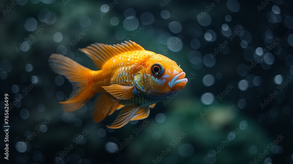 A sharp image of a goldfish on a black background with a blurred, bright light boke A sharp image of a goldfish on a black background with a blurred, bright light boke