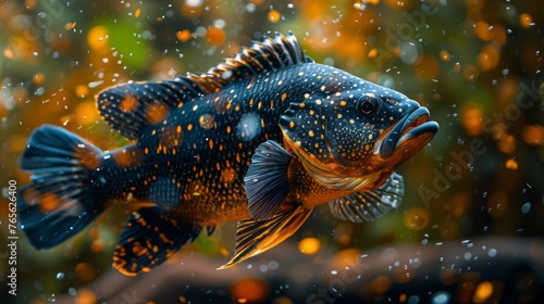  A close-up of a fish in a body of water, droplets glistening at its base © Jevjenijs