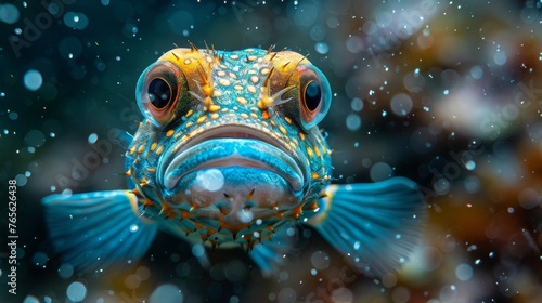  a blue-yellow fish, with water bubbles on its face and a blurred background